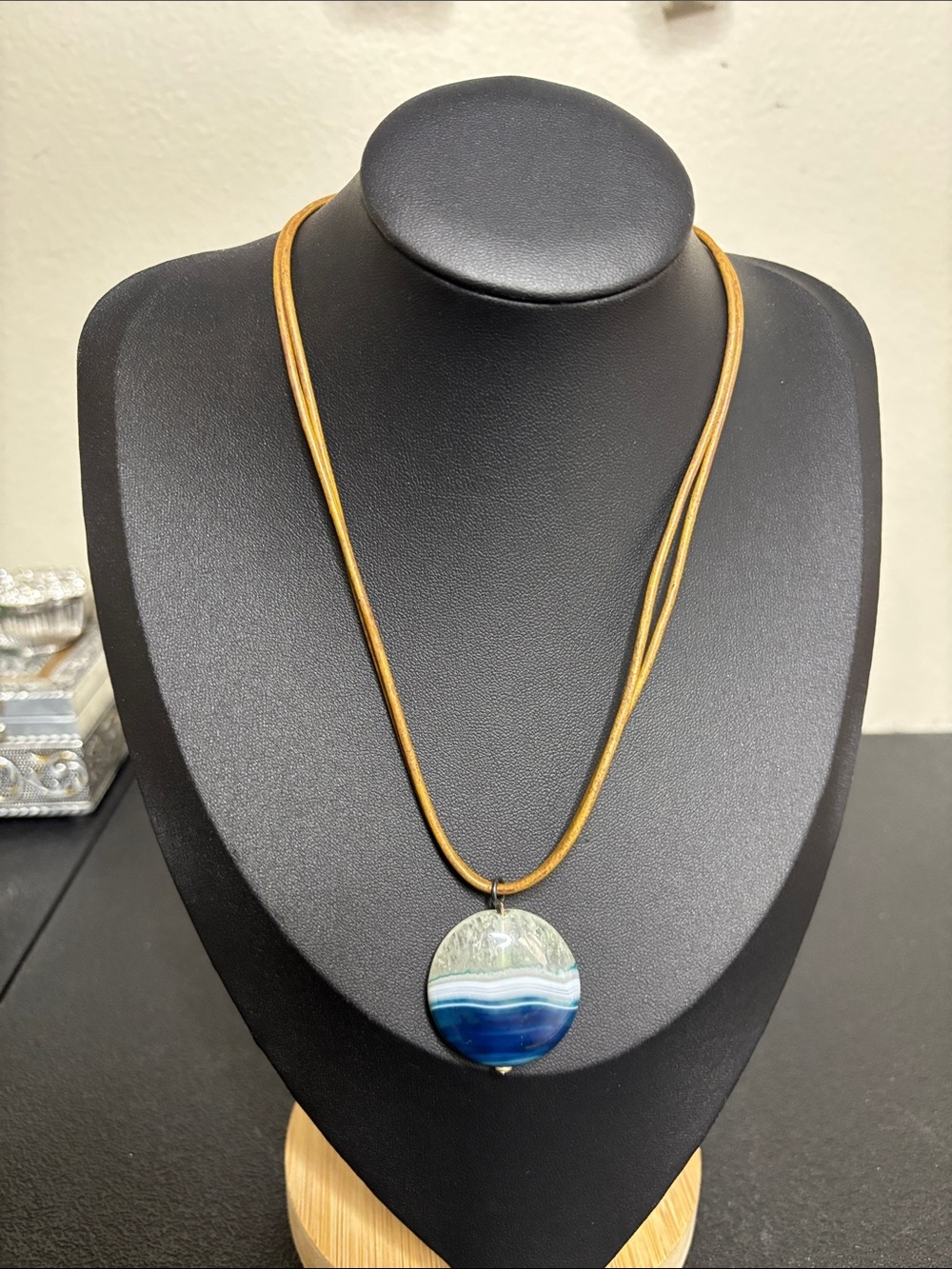 Athens Protasis Handcrafted Blue Agate Pendant Necklace Brown Cord Western